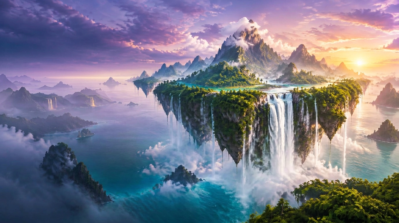 A luminous paradise of floating islands, waterfalls, ocean and distant mountains